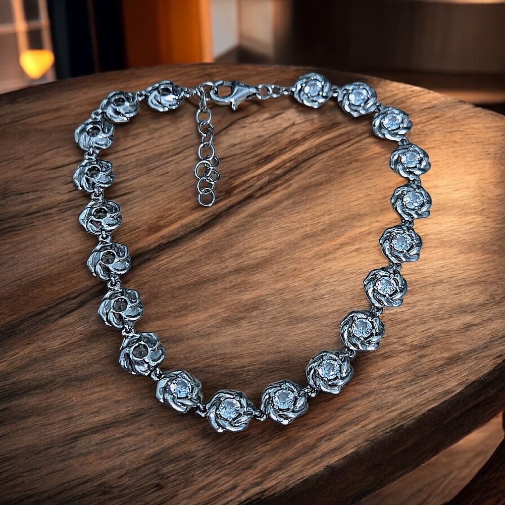 Sterling Silver Roses And Crystals Bracelet
